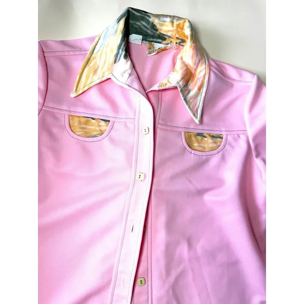 Vintage Mr. Berg Pink 2 Piece Pantsuit Printed Collar Wide Leg